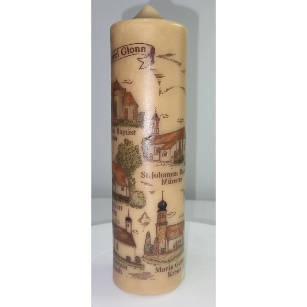 Vintage Pfarrei Glonn German Church Illustrated Pillar Candle Tan 8 Inch